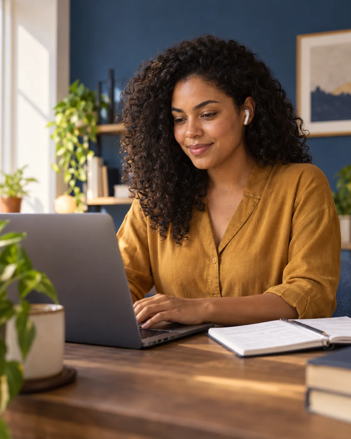 Mulher estudando no computador, com fones e um caderno ao lado.